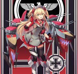Rule 34 | 1girl, admiral hipper (azur lane), ahoge, armpits, azur lane, black thighhighs, choker, commentary request, cross, eruthika, gloves, green eyes, highres, holding, iron cross, light brown hair, long hair, looking at viewer, machinery, pleated skirt, red gloves, skirt, solo, thighhighs, turret, two side up, wand, zettai ryouiki