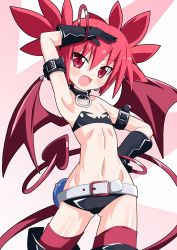 Rule 34 | 1girl, :d, armpits, belt, black gloves, choker, demon girl, demon tail, demon wings, disgaea, etna (disgaea), fang, flat chest, gloves, hand on own hip, kagerou (kers), navel, open mouth, red eyes, red hair, short hair, smile, tail, twintails, wings