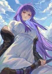 Rule 34 | 1girl, absurdres, black robe, blunt bangs, breasts, cigma, cloud, cut bangs, dress, fern (sousou no frieren), from below, highres, holding, holding staff, large breasts, mage staff, parted lips, purple eyes, purple hair, purple pupils, robe, sitting, sky, solo, sousou no frieren, staff, white dress