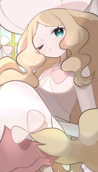 Rule 34 | 1girl, absurdres, blonde hair, blue eyes, caitlin (pokemon), cape, closed mouth, creatures (company), dress, game freak, hat, highres, kurumiya (krmy p), long dress, long hair, looking at viewer, nintendo, one eye closed, parted bangs, pokemon, pokemon bw, see-through cape, signature, solo, very long hair