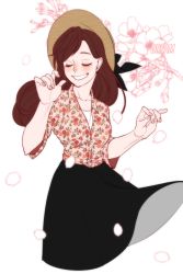 Rule 34 | 1girl, alternate costume, bad id, bad twitter id, black skirt, blush, brown hair, casual, cherry blossoms, collarbone, cowboy shot, d.va (overwatch), closed eyes, fingernails, floral print, hands up, hat, highres, nail polish, overwatch, overwatch 1, petals, pink nails, shirt, short sleeves, skirt, sleeves past elbows, smile, solo, sun hat
