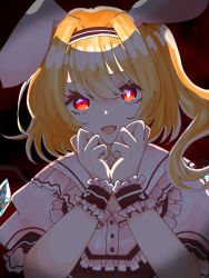 Rule 34 | 1girl, alternate costume, animal ears, black hairband, blonde hair, buttons, closed mouth, crystal, flandre scarlet, frilled shirt collar, frills, hair between eyes, hairband, hands on own chin, looking at viewer, medium hair, own hands together, pink background, puffy short sleeves, puffy sleeves, rabbit ears, red eyes, seserami, shaded face, short sleeves, side ponytail, solo, touhou, upper body, wings, wrist cuffs