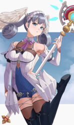 Rule 34 | 1girl, black footwear, blue background, blue eyes, boots, braid, breasts, cloud, commentary request, crown braid, curly hair, dress, grey hair, head wings, heel up, holding, holding staff, juliet sleeves, long hair, long sleeves, looking at viewer, medium breasts, melia antiqua, o-ring, pearlbbbb, puffy sleeves, shoe soles, short dress, shorts, sky, solo, staff, thigh boots, thighhighs, two-tone background, white background, wings, xenoblade chronicles: future connected, xenoblade chronicles (series), xenoblade chronicles 1