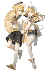 Rule 34 | 1boy, 1girl, adapted costume, anchor symbol, badge, bare legs, belt, black shorts, blonde hair, blue eyes, full body, hair ornament, hairband, hairclip, hat, hhhhhoi, highres, inflatable toy, innertube, kagamine len, kagamine rin, leg up, looking at viewer, matching outfits, midriff peek, one eye closed, sailor collar, sailor hat, sandals, shell hair ornament, shirt, short hair, short shorts, shorts, siblings, simple background, smile, starfish hair ornament, striped, swim ring, twins, vocaloid, waving, white background, white footwear, white shirt
