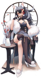 Rule 34 | 1girl, absurdres, alternate costume, animal ear fluff, animal ears, black gloves, black hair, black thighhighs, blush, breasts, chair, china dress, chinese clothes, cleavage, clothing cutout, covered mouth, covered navel, crossed legs, dress, flower, folding fan, fur, gloves, hair ornament, hairclip, hand fan, high heels, highres, holding, holding fan, hololive, inre kemomimi, large breasts, long hair, looking at viewer, multicolored hair, ookami mio, orange eyes, ponytail, red hair, single thighhigh, sitting, solo, streaked hair, tail, thighhighs, vase, very long hair, virtual youtuber, wolf ears, wolf girl, wolf tail