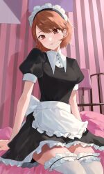 Rule 34 | 1girl, apron, arm support, bed, bed sheet, black dress, blush, breasts, brown eyes, brown hair, closed mouth, collared shirt, commentary, cowboy shot, desk lamp, dress, earrings, frilled apron, frilled hairband, frilled thighhighs, frills, hairband, highres, indoors, jewelry, juliet sleeves, konchi (63438789), lamp, long sleeves, looking at viewer, maid, maid apron, maid headdress, medium breasts, official alternate costume, persona, persona 3, persona 3 reload, puffy short sleeves, puffy sleeves, shirt, short dress, short hair, short sleeves, sitting, smile, solo, stud earrings, swept bangs, takeba yukari, thighhighs, white apron, white shirt, white thighhighs, zettai ryouiki
