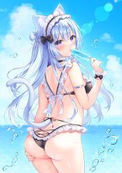 Rule 34 | 1girl, absurdres, animal ears, arched back, arm strap, ass, back, bare shoulders, bikini, black bikini, black choker, blue hair, breasts, butt crack, cat ears, cat girl, cat tail, choker, cowboy shot, day, food, frilled bikini, frilled choker, frills, from behind, hair bun, hand on own ass, headdress, highres, holding, licking, long hair, looking at viewer, looking back, medium breasts, ocean, one side up, original, outdoors, popsicle, purple eyes, shiono (0303), solo, standing, swimsuit, tail, tail raised, thighs, tongue, tongue out, wet