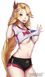 Rule 34 | 1girl, american football, black shorts, blonde hair, blue eyes, blush, braid, breasts, clothes lift, collarbone, commentary, dannex009, hair ornament, hand in own hair, highres, large breasts, lifted by self, long hair, looking at viewer, original, ribbon, shirt, shirt lift, short shorts, short sleeves, shorts, simple background, solo, sportswear, transparent background, underboob, very long hair, watermark, web address, white background, white shirt