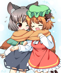 Rule 34 | +++, 2girls, :d, ^ ^, animal ears, blush, brown hair, cat ears, cat tail, chen, closed eyes, earrings, fang, flying sweatdrops, green hat, hat, jewelry, long sleeves, mob cap, multiple girls, multiple tails, nazrin, nekomata, one eye closed, open mouth, pila-pela, scarf, shared clothes, shared scarf, short hair, single earring, smile, tail, touhou, two tails