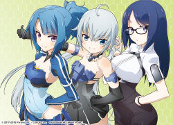 Rule 34 | 3girls, ahoge, alice gear aegis, bare shoulders, black dress, black gloves, black legwear, blue eyes, blue gloves, blue hair, blue shorts, collar, company name, crossover, dress, frame arms girl, frilled collar, frills, glasses, gloves, hand on own hip, hands on own hips, honeycomb (pattern), honeycomb background, looking at viewer, micro shorts, momoshina fumika, multiple girls, panties, pantyhose, ponytail, purple eyes, shorts, smile, striped clothes, striped panties, stylet, suzuki noritaka, takanashi rei, thumbs up, twintails, underwear
