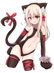 Rule 34 | 1girl, animal ears, animal hands, bell, black leotard, black thighhighs, blonde hair, cat girl, cat tail, center opening, chawan (yultutari), dangeroes beast (illya), detached sleeves, fake animal ears, fate/kaleid liner prisma illya, fate (series), flat chest, gloves, hair between eyes, hair ornament, hairband, highres, illyasviel von einzbern, jingle bell, leotard, long hair, navel, open mouth, paw gloves, red eyes, ribbon, smile, solo, tail, thighhighs