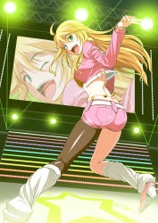 Rule 34 | 1girl, ahoge, ass, asymmetrical clothes, belly chain, blonde hair, boots, breasts, cool &amp; sexy (idolmaster), cropped jacket, from behind, green eyes, highres, hoshii miki, idolmaster, idolmaster (classic), jacket, jewelry, laser, leg warmers, pantyhose under shorts, long hair, looking back, midriff, nishi (count2.4), open mouth, pantyhose, shiny clothes, shorts, single leg pantyhose, smile, solo, stage lights, television
