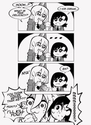 Rule 34 | ..., 2girls, 4koma, :3, absurdres, anger vein, bkub (style), chainsaw man, collared shirt, comic, commentary, english commentary, food, formal, greyscale, hand on own chin, higashiyama kobeni, highres, holding, holding food, horns, ice cream, jacket, kermittend, long hair, looking at another, monochrome, multiple girls, necktie, open mouth, parody, power (chainsaw man), shirt, style parody, suit