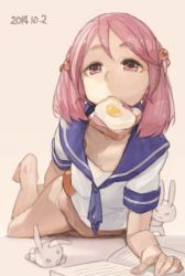 Rule 34 | 10s, 1girl, bread slice, egg, egg (food), food, food in mouth, fried egg, fried egg on toast, hair bobbles, hair ornament, kantai collection, lying, mouth hold, no pants, on stomach, panties, pink eyes, pink hair, rabbit, sazanami (kancolle), school uniform, serafuku, short hair, solo, toast, toast in mouth, toro (konirio), twintails, underwear, white panties