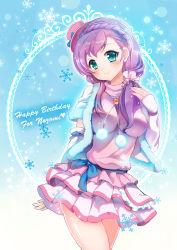 Rule 34 | 10s, 1girl, blue eyes, blush, braid, hair over shoulder, happy birthday, hat, highres, jacket, long hair, looking at viewer, love live!, love live! school idol project, pink shirt, pink skirt, pom pom (clothes), purple hair, shirt, sibyl, skirt, smile, snow halation, solo, tojo nozomi
