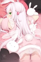Rule 34 | 1girl, amashiro natsuki, animal ears, animal print, bare arms, blush, commentary request, from behind, fur trim, green eyes, hair bobbles, hair ornament, heart, heart-shaped pillow, heart print, highres, long hair, looking at viewer, looking back, original, panties, pantyshot, pillow, puffy short sleeves, puffy sleeves, rabbit ears, rabbit girl, rabbit print, rabbit tail, short sleeves, solo, stuffed animal, stuffed rabbit, stuffed toy, tail, transparent wings, underwear, white panties, white wings, wings