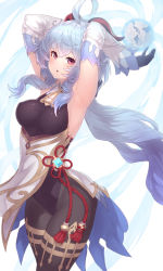 1girl, absurdres, ahoge, arm up, armpit crease, bangs, bell, black gloves, black leotard, blue hair, breasts, cowbell, detached sleeves, eyebrows visible through hair, eyelashes, framed breasts, ganyu (genshin impact), genshin impact, gloves, goat horns, highres, horns, leotard, long hair, long sleeves, looking at viewer, low ponytail, medium breasts, neck bell, open mouth, parted lips, purple eyes, sideless outfit, skin tight, smile, solo, surprised, underbust, yu mochi (kamiinu)