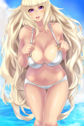 Rule 34 | 1girl, bad id, bad pixiv id, bare shoulders, bikini, blonde hair, blush, breasts, cleavage, day, female focus, huge breasts, leaning forward, long hair, looking at viewer, navel, open mouth, original, purple eyes, raycat, smile, solo, standing, swimsuit, thigh gap, very long hair, white bikini