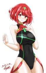 Rule 34 | 1girl, 2019, armor, artist name, blush, breasts, competition swimsuit, covered navel, dated, earrings, gem, hair ornament, headpiece, highres, hisin, jewelry, large breasts, looking at viewer, matching hair/eyes, nintendo, one-piece swimsuit, pyra (pro swimmer) (xenoblade), pyra (xenoblade), red eyes, red hair, short hair, signature, simple background, smile, solo, swept bangs, swimsuit, tiara, white background, xenoblade chronicles (series), xenoblade chronicles 2