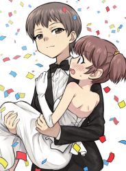 Rule 34 | 10s, 2girls, alisa (girls und panzer), black jacket, black neckwear, blurry, blurry background, blush, bow, bowtie, brown eyes, brown hair, carrying, closed mouth, commentary, confetti, depth of field, dress, dress shirt, elbow gloves, freckles, girls und panzer, gloves, jacket, long dress, long sleeves, looking at another, looking at viewer, meis (terameisu), multiple girls, naomi (girls und panzer), open mouth, princess carry, shirt, short hair, short twintails, smile, standing, strapless, strapless dress, tuxedo, twintails, very short hair, wedding, wedding dress, white dress, white gloves, white shirt, wife and wife, wing collar, yuri