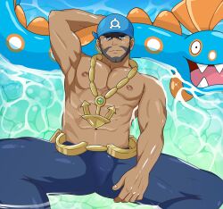 Rule 34 | 1boy, abs, absurdres, anchor necklace, archie (pokemon), arm up, armpits, bandana, bara, beard, black eyes, blue bandana, bodysuit, brown hair, bulge, chain belt, commentary, creatures (company), dark-skinned male, dark skin, diving suit, english commentary, facial hair, feet out of frame, game freak, gen 3 pokemon, highres, huntail, jewelry, large pectorals, lying, male focus, mature male, muscular, muscular male, navel, necklace, nintendo, nipples, on back, paid reward available, partially submerged, pectorals, pokemon, pokemon (creature), pokemon oras, short hair, solo focus, somindul, spread legs, stomach, thick thighs, thighs, topless male, wetsuit