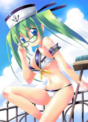 Rule 34 | 1girl, :o, adapted costume, armband, bikini, blue eyes, breasts, broom, cleaning brush, dixie cup hat, front-tie top, glasses, green hair, hat, kazakami shun, large breasts, lens flare, light rays, long hair, military hat, navel, original, sailor, solo, sparkle, sunbeam, sunlight, swimsuit, twintails, white bikini