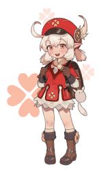 Rule 34 | 1girl, absurdres, ahoge, backpack, bag, blonde hair, blush, boots, brown bag, brown flower, brown footwear, brown gloves, child, clover print, dot nose, eyelashes, feathers, flower, full body, genshin impact, gloves, hair between eyes, hat, hat feather, heart, highres, klee (genshin impact), open mouth, opossumachine, pointy ears, randoseru, red hat, school bag, scratches, short twintails, sketch, socks, solo, teeth, tongue, twintails, upper teeth only, white socks