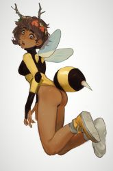 Rule 34 | 1girl, antennae, antlers, arthropod girl, ass, bee girl, bee wings, bridal gauntlets, brown eyes, brown hair, flower, freckles, from side, full body, hair flower, hair ornament, highleg, highleg leotard, highres, horns, insect girl, legs together, leotard, looking at viewer, messy hair, mossacannibalis, open mouth, original, shiny clothes, shoes, simple background, solo, white background, wide-eyed, wide hips, yellow footwear