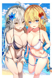 Rule 34 | 2girls, :d, ahoge, arms at sides, asymmetrical docking, bikini, black bikini, black bow, blonde hair, blue eyes, blue flower, blurry, blush, bow, bow bikini, braid, braided ponytail, breast press, breasts, cleavage, cloud, collarbone, commentary request, day, depth of field, fate/grand order, fate (series), feet out of frame, flower, frilled bikini, frills, front-tie top, hair bow, hair flower, hair ornament, highres, jeanne d&#039;arc (fate), jeanne d&#039;arc (ruler) (fate), jeanne d&#039;arc alter (avenger) (fate), jeanne d&#039;arc alter (fate), large breasts, long hair, looking at viewer, multiple girls, navel, nose blush, o-ring, o-ring bikini, o-ring top, ocean, open mouth, outdoors, outside border, purple bow, red flower, silver hair, single braid, smile, standing, standing on one leg, stomach, sune (mugendai), swimsuit, teeth, thigh strap, upper teeth only, very long hair, water, white bikini, yellow eyes