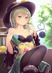 Rule 34 | 1girl, bandeau, bare shoulders, black bra, black hat, black pantyhose, blush, book, bra, collarbone, commentary request, culter, feet out of frame, finger to own chin, frilled sleeves, frills, green eyes, green hair, green skirt, hands up, hat, hat ribbon, heart, heart of string, indoors, komeiji koishi, long sleeves, miniskirt, no shoes, off shoulder, pantyhose, petticoat, ribbon, shirt, short hair, sitting, skirt, smile, solo, strap slip, thighs, third eye, touhou, underwear, wide sleeves, window, yellow ribbon, yellow shirt