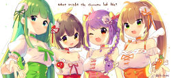 Rule 34 | 4girls, :d, ;d, apple, bare shoulders, blue eyes, blush, bow, braid, breasts, brown eyes, brown hair, carrot, closed mouth, collarbone, commentary request, cucumber, detached sleeves, english text, fang, food, fruit, grapes, green bow, green eyes, green hair, green ribbon, hair between eyes, hair bow, hair ribbon, high ponytail, highres, ikari (aor3507), light brown hair, long hair, medium breasts, meme, multiple girls, one eye closed, open mouth, orange ribbon, original, personification, ponytail, puffy short sleeves, puffy sleeves, purple hair, red apple, red bow, red eyes, red ribbon, ribbon, shirt, short sleeves, simple background, small breasts, smile, twin braids, twintails, underbust, upper body, very long hair, white background, white shirt, white sleeves