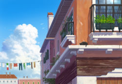 Rule 34 | animal, balcony, bird, building, cat, chimney, clothesline, cloud, day, highres, no humans, original, outdoors, pei (sumurai), plant, potted plant, scenery, sky, window