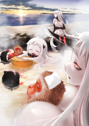 Rule 34 | 10s, 3girls, :d, absurdres, abyssal ship, aircraft carrier princess, beach, breasts, cleavage, cloud, cloudy sky, colored skin, commentary request, enemy aircraft (kancolle), highres, horizon, horns, huge breasts, japanese macaque, kantai collection, long hair, looking at viewer, monkey, multiple girls, northern ocean princess, ocean, onsen, open mouth, partially submerged, saitou mei (meigetsu), seaport princess, single horn, sky, smile, sunset, white hair, white skin