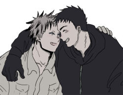 Rule 34 | 2boys, aikawa (dorohedoro), arm around shoulder, artist request, black hair, blonde hair, closed eyes, colored tips, couple, dorohedoro, face-to-face, facial mark, fang, fang out, grin, hood, hoodie, male focus, multicolored hair, multiple boys, no eyebrows, risu (dorohedoro), smile, thick eyebrows, upper body, yaoi