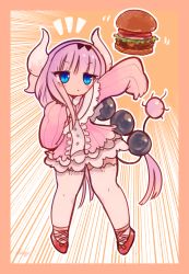 Rule 34 | 1girl, beads, black bow, blue eyes, blunt bangs, bow, burger, ceroblitz, commentary, dragon girl, dragon horns, dragon tail, emphasis lines, english commentary, food, hair beads, hair ornament, highres, horns, kanna kamui, kobayashi-san chi no maidragon, outline, pink hair, sleeves past wrists, solo, tail, thighhighs, white outline, white thighhighs