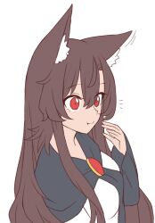 Rule 34 | 1girl, animal ear fluff, animal ears, black dress, brooch, brown hair, closed mouth, commentary, dress, english commentary, eyes visible through hair, flat color, hair between eyes, hand up, highres, imaizumi kagerou, jewelry, long hair, long sleeves, looking ahead, motion lines, notice lines, red eyes, sidelocks, simple background, solo, touhou, upper body, white background, white dress, wolf ears, wool (miwol)
