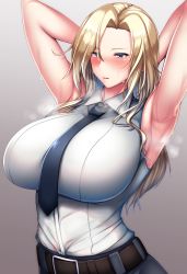 Rule 34 | 1girl, alternate breast size, armpits, arms up, belt, black necktie, blonde hair, blue eyes, blush, breasts, grey background, highres, hornet (kancolle), huge breasts, kantai collection, long hair, necktie, ootori subaru, open mouth, shirt, simple background, skirt, sleeveless, sleeveless shirt, solo, steam, sweat, white background, white shirt
