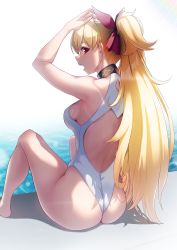 Rule 34 | 1girl, alternate hairstyle, arm up, ass, back, bare arms, bare legs, bare shoulders, blonde hair, blush, breasts, commentary request, competition swimsuit, day, ereshkigal (fate), fate/grand order, fate (series), from behind, hair up, highleg, highleg swimsuit, highres, kneeling, long hair, looking at viewer, looking back, one-piece swimsuit, open mouth, outdoors, ponytail, poolside, red eyes, sideboob, solar (happymonk), solo, swimsuit, thighs, very long hair, wedgie