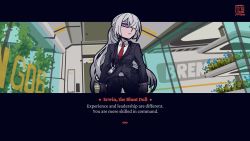 Rule 34 | 1girl, ak-15 (erwin) (girls&#039; frontline), ak-15 (girls&#039; frontline), blue suit, breasts, collared shirt, crossover, english text, formal, girls&#039; frontline, glasses, hair over one eye, helltaker, holding, holding suitcase, id card, jacket, long hair, looking at viewer, necktie, parody, ponytail, purple eyes, shirt, signature, silver hair, sindraws, style parody, suit, suit jacket, suitcase
