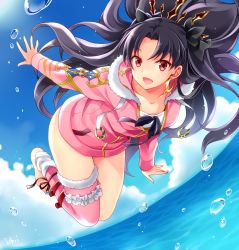 Rule 34 | 1girl, :d, artist name, black hair, blue sky, cloud, collarbone, day, earrings, fate/grand order, fate (series), hoop earrings, ishtar (fate), ishtar (swimsuit rider) (fate), jewelry, kubyou azami, long hair, long sleeves, looking at viewer, ocean, open mouth, outstretched arm, pink thighhighs, red eyes, single thighhigh, sky, smile, solo, thighhighs, tiara, two side up