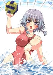 Rule 34 | 1girl, assisted exposure, ball, bare shoulders, blush, braid, breast slip, breasts, clothes grab, collarbone, covered erect nipples, eyebrows, female focus, grey eyes, highres, impossible clothes, impossible shirt, izayoi sakuya, large breasts, nipples, one-piece swimsuit, one breast out, open mouth, partially submerged, purple eyes, shirt, short hair, silver hair, solo focus, swimsuit, touhou, twin braids, umyonge (lkakeu), volleyball, volleyball (object), wardrobe malfunction, water, water polo