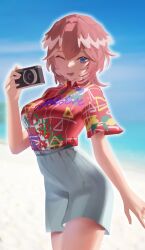 Rule 34 | 1girl, :d, absurdres, alternate costume, aragiken, beach, bird wings, blue eyes, blue sky, blurry, blurry background, breasts, camera, contrapposto, copyright name, floral print, hawaiian shirt, head wings, highres, holding, holding camera, hololive, medium breasts, official alternate costume, one eye closed, open mouth, pink hair, red shirt, sand, shirt, shorts, sky, smile, summer, takane lui, virtual youtuber, white hair, white shorts, wings