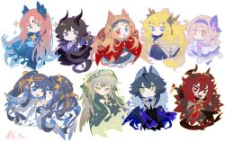 Rule 34 | :d, ;d, animal, archetto (arknights), arknights, black cloak, black dress, black hair, black hairband, blonde hair, blue cloak, blue eyes, blue scarf, blush, brown hair, character request, chibi, cloak, closed mouth, collared shirt, colored eyelashes, commentary, dress, ebenholz (arknights), fang, fartooth (arknights), fartooth (hear the wind sing) (arknights), forehead jewel, fringe trim, fur trim, green eyes, grey hair, hair between eyes, hair ornament, hair ribbon, hairband, hand up, heterochromia, highres, lion tail, long hair, long sleeves, looking at viewer, looking down, looking to the side, one eye closed, open mouth, parted bangs, passenger (arknights), pudding (arknights), puffy long sleeves, puffy sleeves, purple eyes, purple footwear, purple hairband, purple ribbon, purple shirt, red cloak, red eyes, red hair, ribbon, scarf, seal (animal), shirt, shoes, short eyebrows, simple background, sleeves past wrists, smile, sparkle, sui (blackcatsui yoi), tail, thick eyebrows, very long hair, white background, white cloak, white dress, yellow eyes