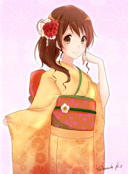 Rule 34 | 1girl, adjusting clothes, blush, brown eyes, brown hair, closed mouth, floral print, flower, hair flower, hair ornament, hand up, hare (hal0331), hibike! euphonium, highres, japanese clothes, kimono, long hair, long sleeves, looking at viewer, obi, oumae kumiko, sash, smile, solo, yellow kimono