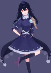 Rule 34 | 1girl, :d, armor, black hair, blue background, blue dress, breasts, bright pupils, dress, foot out of frame, geta, hair between eyes, hand on own hip, hat, highres, iizunamaru megumu, kneehighs, large breasts, long hair, looking at viewer, nemachi, open mouth, pauldrons, pom pom (clothes), shoulder armor, simple background, single pauldron, smile, socks, solo, standing, standing on one leg, tengu-geta, test tube, tokin hat, touhou, waistcoat, white pupils