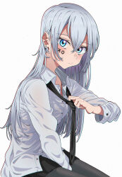 1girl black_necktie black_pantyhose black_skirt blue_eyes blush breakdiamond closed_mouth collarbone collared_shirt commentary commission crossed_bangs earrings expressionless facepaint frown grey_hair grey_shirt hair_between_eyes hand_up highres jewelry long_hair long_sleeves looking_at_viewer loose_necktie necktie original pantyhose pleated_skirt shirt sidelocks sitting skirt solo sweat white_background