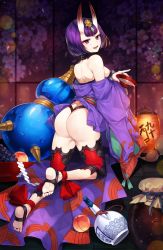 Rule 34 | 1girl, :d, alcohol, ass, backlighting, bare shoulders, barefoot, blurry, blurry background, breasts, collar, commentary request, cup, drum, eyeshadow, fate/grand order, fate (series), feet, food, from behind, fruit, full body, gem, gijang, gourd, grapes, green gemstone, headpiece, highres, holding, holding cup, horns, instrument, japanese clothes, jewelry, kimono, knee pads, kneeling, lantern, long sleeves, looking back, makeup, medium breasts, off shoulder, open clothes, open kimono, open mouth, peach, purple eyes, purple hair, purple kimono, revealing clothes, sakazuki, sake, short hair, shoulder blades, shuten douji (fate), sideboob, skin-covered horns, smile, soles, solo, teeth, toe ring, toes, tsurime, wide sleeves