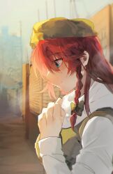 Rule 34 | 1girl, beret, blue eyes, bow, braid, from side, green bow, green hat, green vest, hair bow, hat, highres, hong meiling, liangyilin, long hair, long sleeves, profile, red hair, shirt, solo, touhou, vest, white shirt
