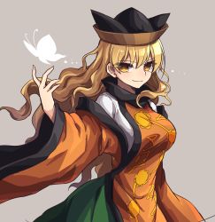 Rule 34 | 1girl, absurdres, black hat, blonde hair, breasts, bug, butterfly, closed mouth, green skirt, grey background, hair between eyes, hand up, hat, hidden star in four seasons, highres, insect, kozakura (dictionary), long hair, long sleeves, looking at viewer, matara okina, orange sleeves, simple background, skirt, sleeveless, smile, solo, touhou, wavy hair, yellow eyes