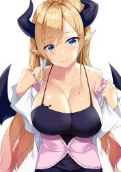 Rule 34 | 1girl, adapted costume, asymmetrical hair, bat tattoo, black camisole, blonde hair, blue eyes, blush, breast tattoo, breasts, camisole, cleavage, closed mouth, coat, collarbone, commentary, demon horns, demon wings, gradient hair, hair between eyes, hair ribbon, hololive, horns, kosuke (bb), lab coat, large breasts, lips, long hair, looking at viewer, multicolored hair, off shoulder, open clothes, open coat, open shirt, parted bangs, pink hair, pink shirt, pointy ears, ribbon, shirt, sidelocks, simple background, smile, solo, spaghetti strap, straight hair, tattoo, two-tone hair, upper body, virtual youtuber, white background, white coat, white ribbon, wings, yuzuki choco, yuzuki choco (1st costume)